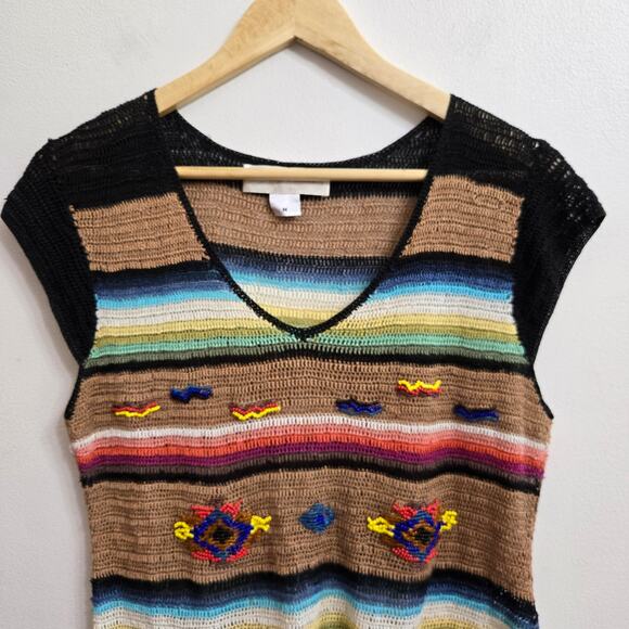 Liz Palacios Womens Vtg Knit Boho Top M Striped Beaded Artsy Southwestern Boho - Picture 2 of 11